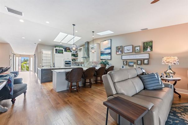 Dining room, Interior, Kitchen, Living room, Pendant Lights, Recessed Lighting, Wood Texture Flooring