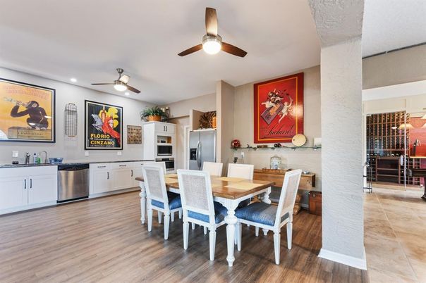 Dining room, Interior, Kitchen, Recessed Lighting, Stainless Steel Appliances, Wood Texture Flooring
