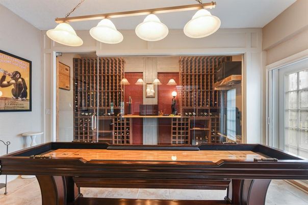 Billiard Table, Game Room, Interior, Pendant Lights, Wine Storage