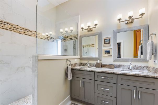 Bathroom, Dual Sink Vanities, Glass Shower, Interior, Marble Walls