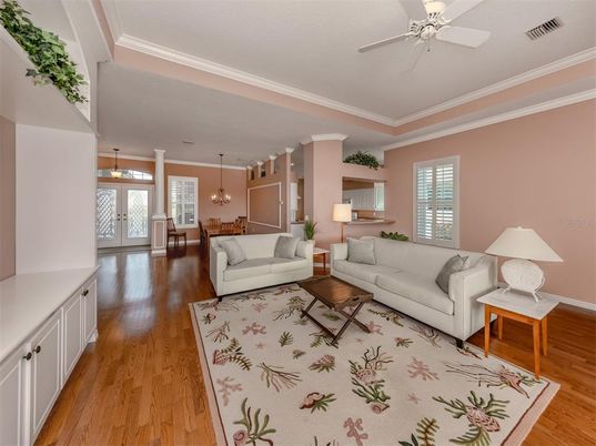 Dining room, Interior, Living room, Pendant Lights, Wood Texture Flooring