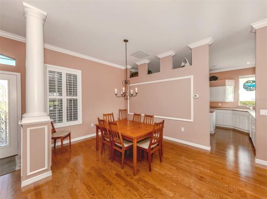Chandelier, Dining room, Interior, Recessed Lighting, Wood Texture Flooring