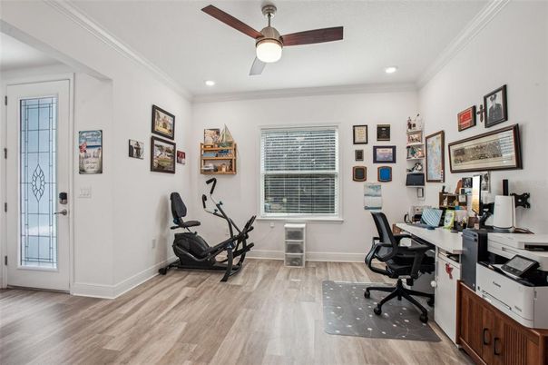 Fitness Equipment, Home Office, Interior, Recessed Lighting, Wood Texture Flooring