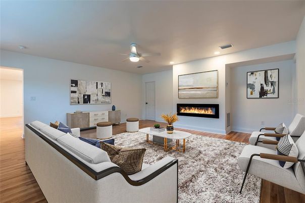 Fireplace, Interior, Living room, Recessed Lighting, Wood Texture Flooring