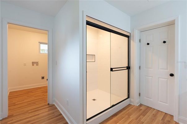 Bathroom, Glass Shower, Interior, Wood Texture Flooring