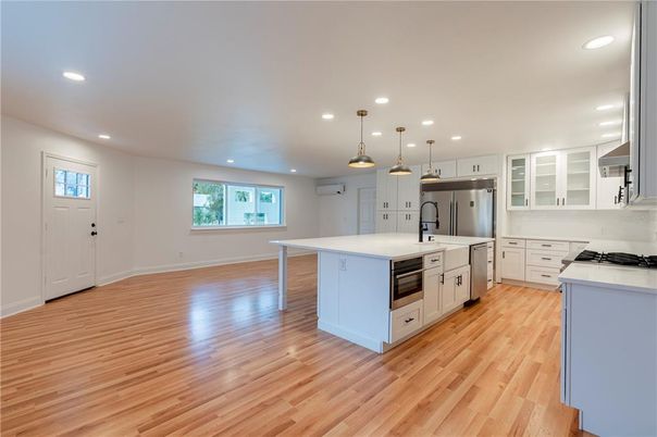 Interior, Kitchen, Pendant Lights, Recessed Lighting, Stainless Steel Appliances, Wood Texture Flooring