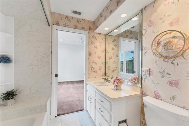 Bathroom, Dual Sink Vanities, Interior, Marble Walls, Recessed Lighting