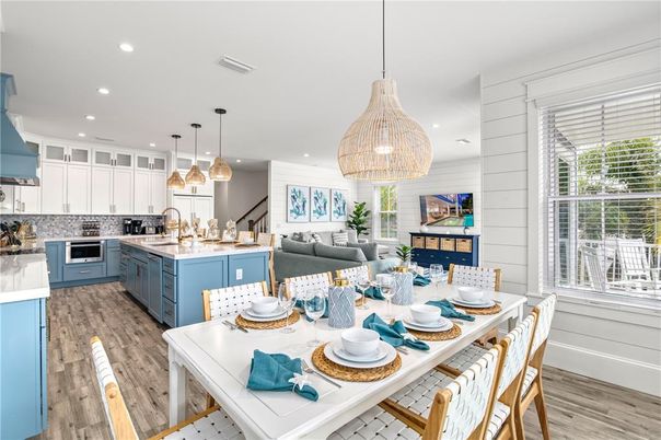 Dining room, Interior, Kitchen, Living room, Pendant Lights, Recessed Lighting, Stainless Steel Appliances, Wood Texture Flooring