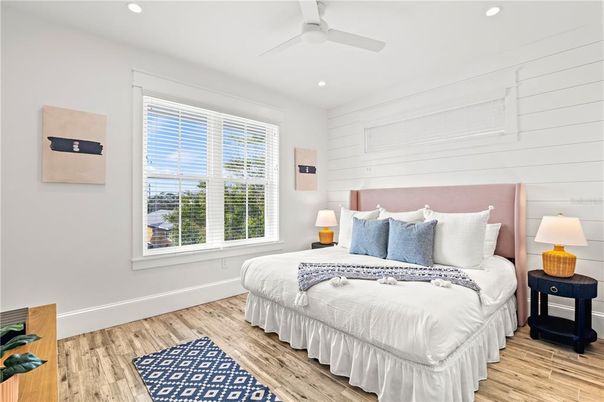 Bedroom, Interior, Recessed Lighting, Wood Texture Flooring