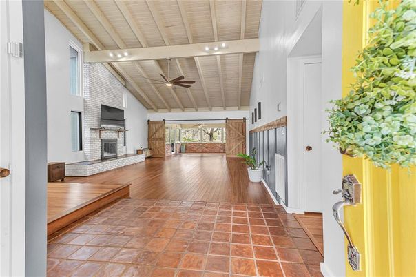 Fireplace, Interior, Recessed Lighting, Wooden Beams, Wooden Ceilings, Wood Texture Flooring