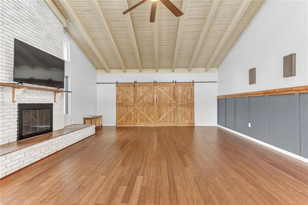 Empty room, Fireplace, Interior, Wooden Beams, Wooden Ceilings, Wood Texture Flooring