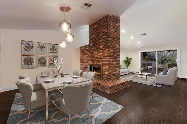 Dining room, Fireplace, Interior, Living room, Pendant Lights, Recessed Lighting, Stone Walls, Wood Texture Flooring