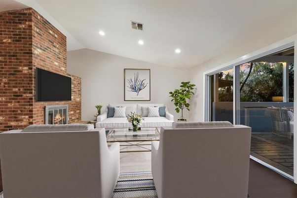 Fireplace, Interior, Living room, Recessed Lighting, Stone Walls