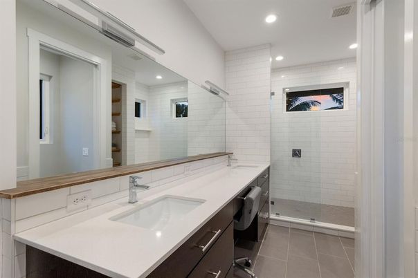 Bathroom, Dual Sink Vanities, Glass Shower, Interior, Recessed Lighting