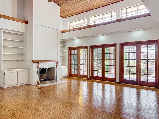 Empty room, Fireplace, Interior, Recessed Lighting, Wooden Ceilings, Wood Texture Flooring