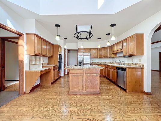 Interior, Kitchen, Pendant Lights, Stainless Steel Appliances, Wood Texture Flooring