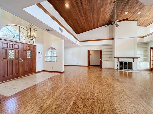 Empty room, Fireplace, Interior, Recessed Lighting, Wooden Ceilings, Wood Texture Flooring