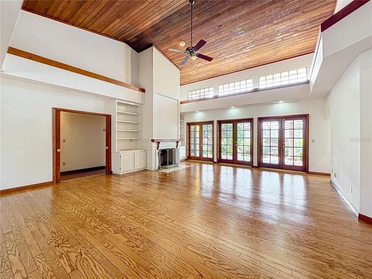 Empty room, Fireplace, Interior, Wooden Ceilings, Wood Texture Flooring