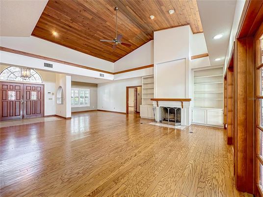 Empty room, Fireplace, Interior, Recessed Lighting, Wooden Beams, Wooden Ceilings, Wood Texture Flooring