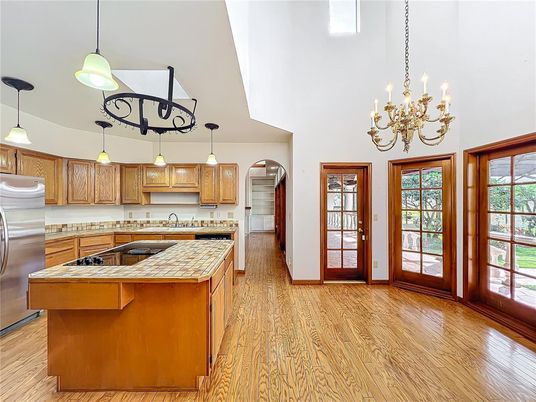 Chandelier, Interior, Kitchen, Pendant Lights, Wood Texture Flooring