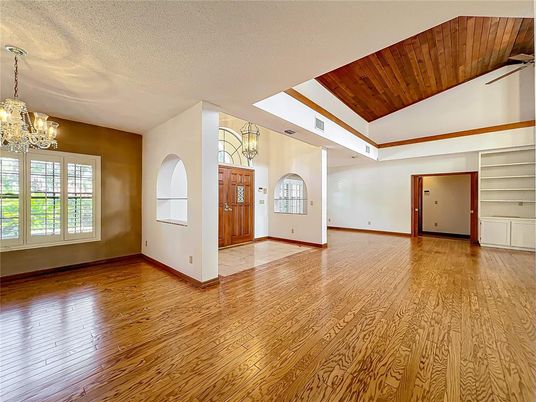Chandelier, Empty room, Interior, Wooden Ceilings, Wood Texture Flooring