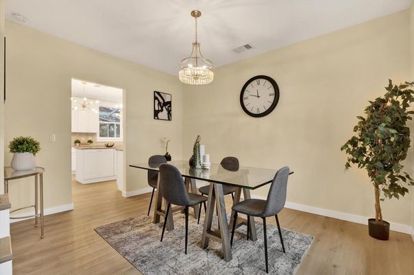 Chandelier, Dining room, Interior, Pendant Lights, Wood Texture Flooring