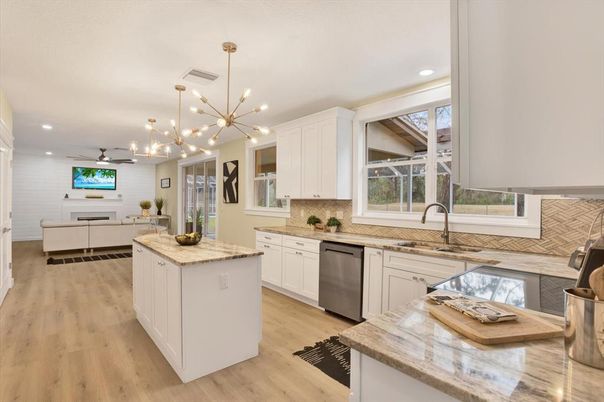 Interior, Kitchen, Pendant Lights, Recessed Lighting, Stainless Steel Appliances, Wood Texture Flooring