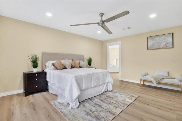 Bedroom, Interior, Recessed Lighting, Wood Texture Flooring