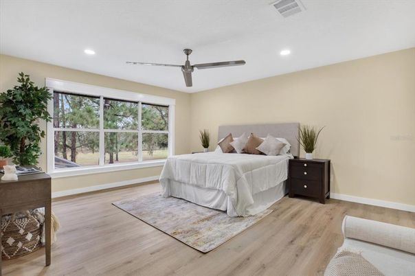 Bedroom, Interior, Recessed Lighting, Wood Texture Flooring