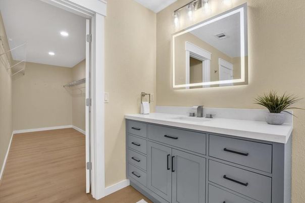 Bathroom, Interior, Recessed Lighting, Walk-in Closets, Wood Texture Flooring