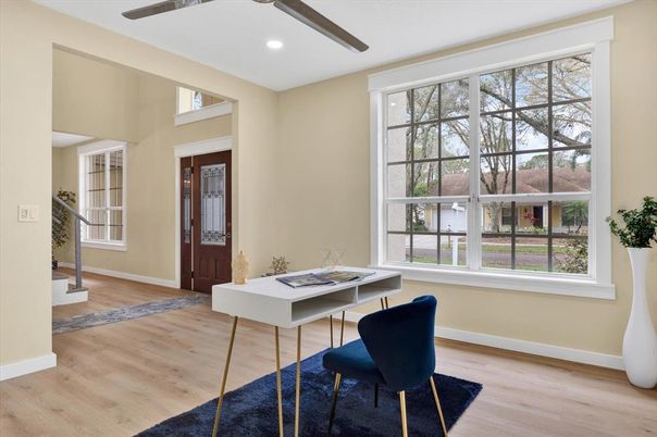 Home Office, Interior, Recessed Lighting, Wood Texture Flooring