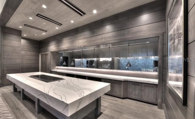 Interior, Kitchen, Pendant Lights, Recessed Lighting, Stainless Steel Appliances, Wooden Ceilings, Wood Texture Flooring, Wooden Walls