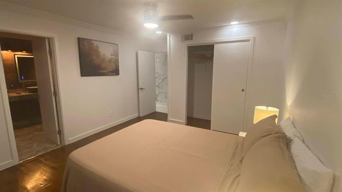 Bedroom, Interior, Recessed Lighting, Wood Texture Flooring