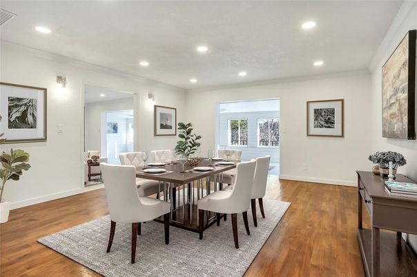 Dining room, Interior, Recessed Lighting, Wood Texture Flooring