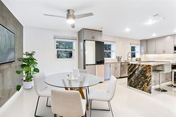 Dining room, Interior, Kitchen, Recessed Lighting, Stone Walls