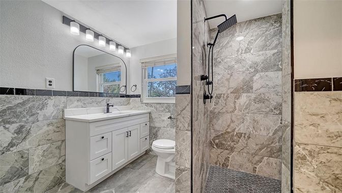 Bathroom, Glass Shower, Interior, Marble Walls