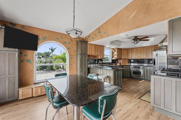 Interior, Kitchen, Pendant Lights, Stainless Steel Appliances, Wood Texture Flooring