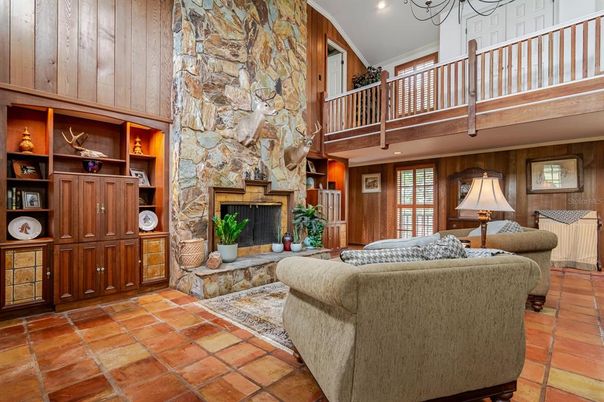 Fireplace, Interior, Living room, Recessed Lighting, Stone Walls
