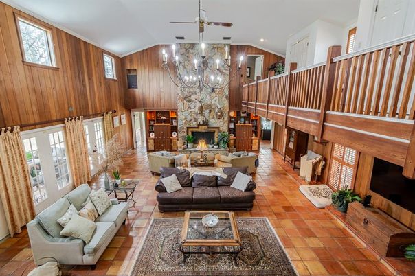 Chandelier, Fireplace, Interior, Living room, Recessed Lighting, Wooden Walls