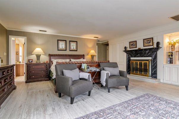 Bedroom, Fireplace, Interior, Wood Texture Flooring