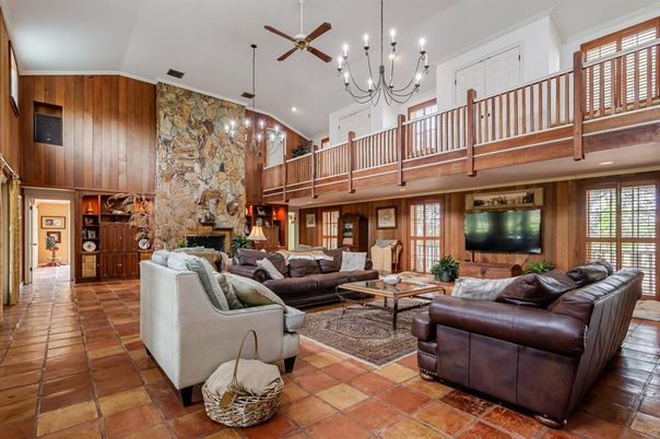 Chandelier, Fireplace, Interior, Living room, Pendant Lights, Recessed Lighting, Stone Walls