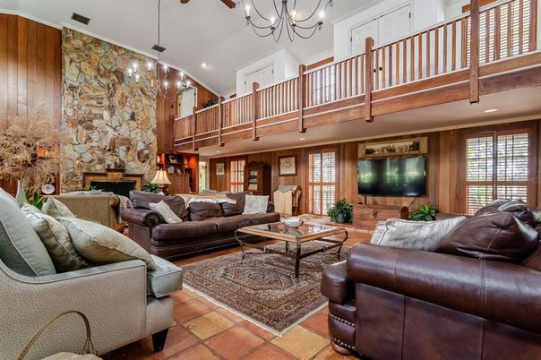 Chandelier, Fireplace, Interior, Living room, Recessed Lighting, Stone Walls