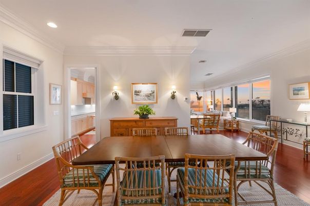 Dining room, Interior, Recessed Lighting, Wood Texture Flooring
