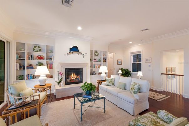 Fireplace, Interior, Living room, Recessed Lighting, Wood Texture Flooring