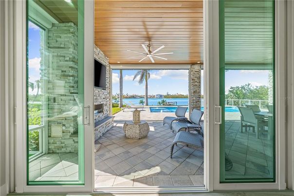 Fireplace, Interior, Stone Walls, Water, Wooden Ceilings