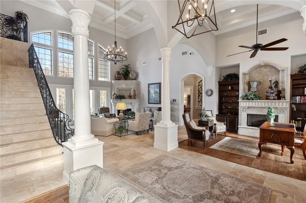 Chandelier, Fireplace, Interior, Living room, Pendant Lights, Piano, Wood Texture Flooring