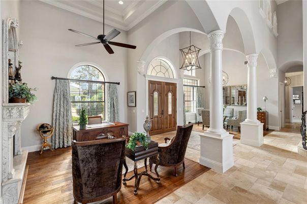 Fireplace, Home Office, Interior, Pendant Lights, Recessed Lighting, Wood Texture Flooring