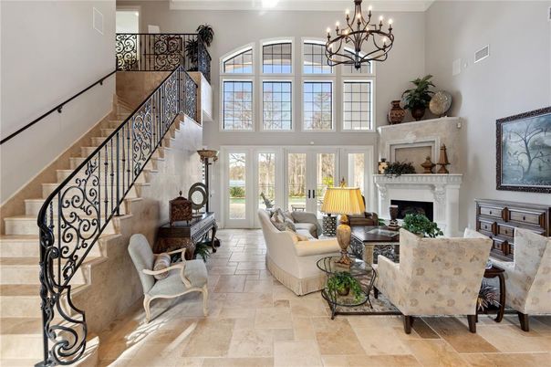 Chandelier, Fireplace, Interior, Living room
