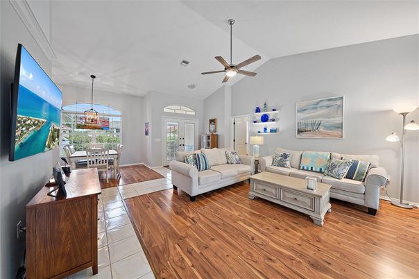 Dining room, Interior, Living room, Pendant Lights, Wood Texture Flooring