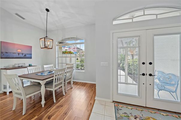 Dining room, Interior, Pendant Lights, Wood Texture Flooring